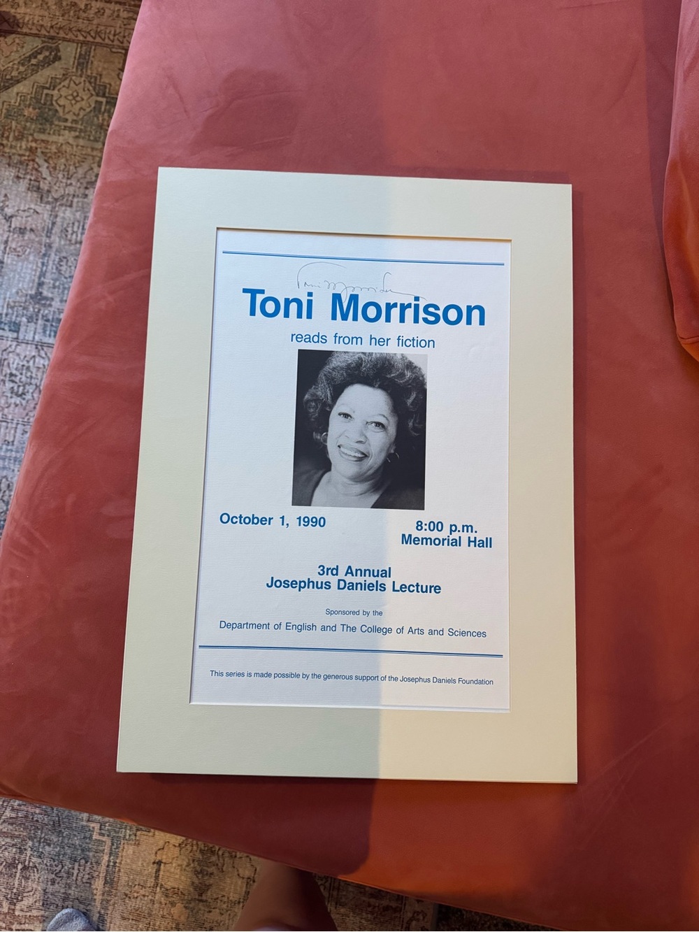 Signed Toni Morrison Framed Lecture Poster - Blue & White